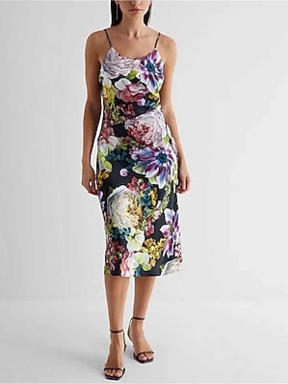 Express Black Floral Cocktail Slip Satin Midi Dress